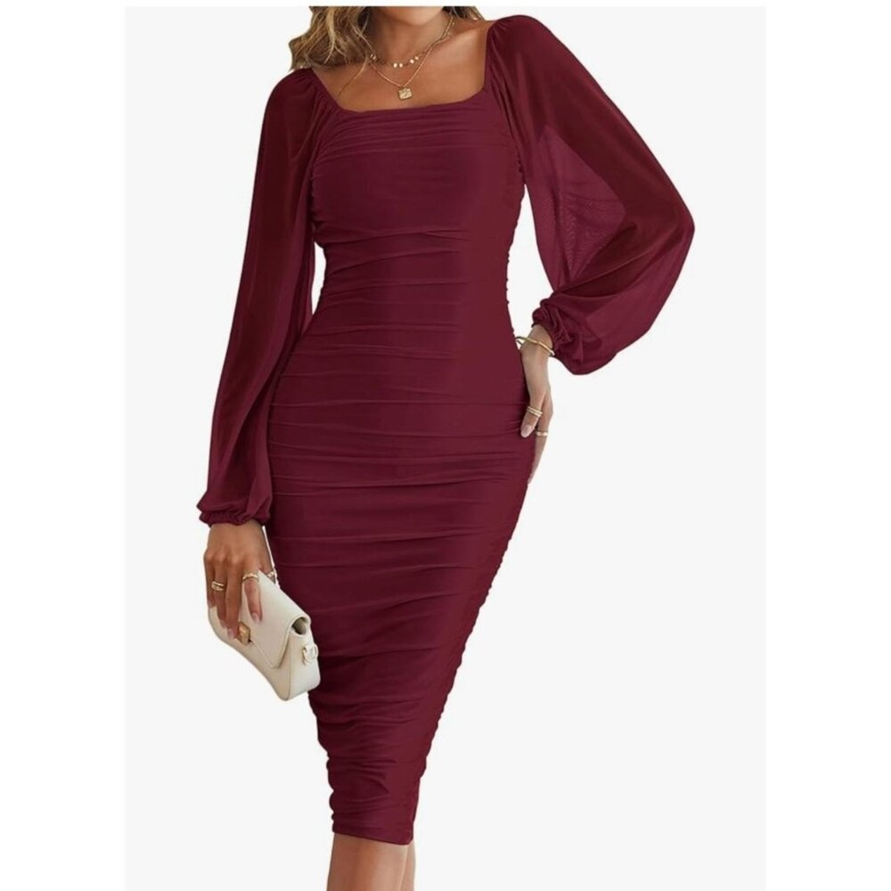 Merokeety Womens Backless Ruched Midi Dress Sheer Square Neck Wine Red Size S